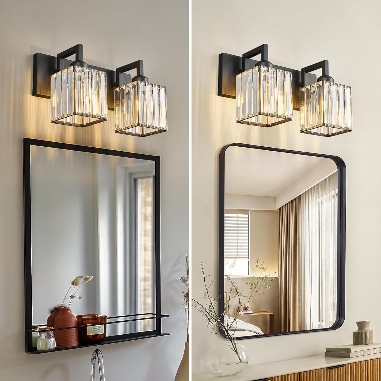 Modern Bathroom Vanity Light 2-Lights Black Crystal Bathroom Wall Light Vanity Light Fixtures