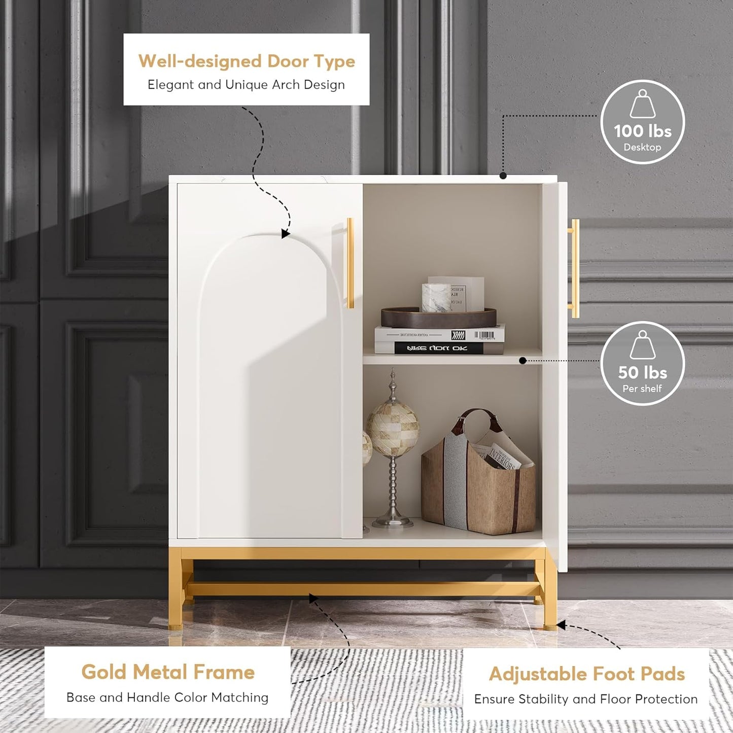 Tribesigns Modern Sideboards, Buffet Cabinet with 4 Doors and Adjustable Shelves (White)