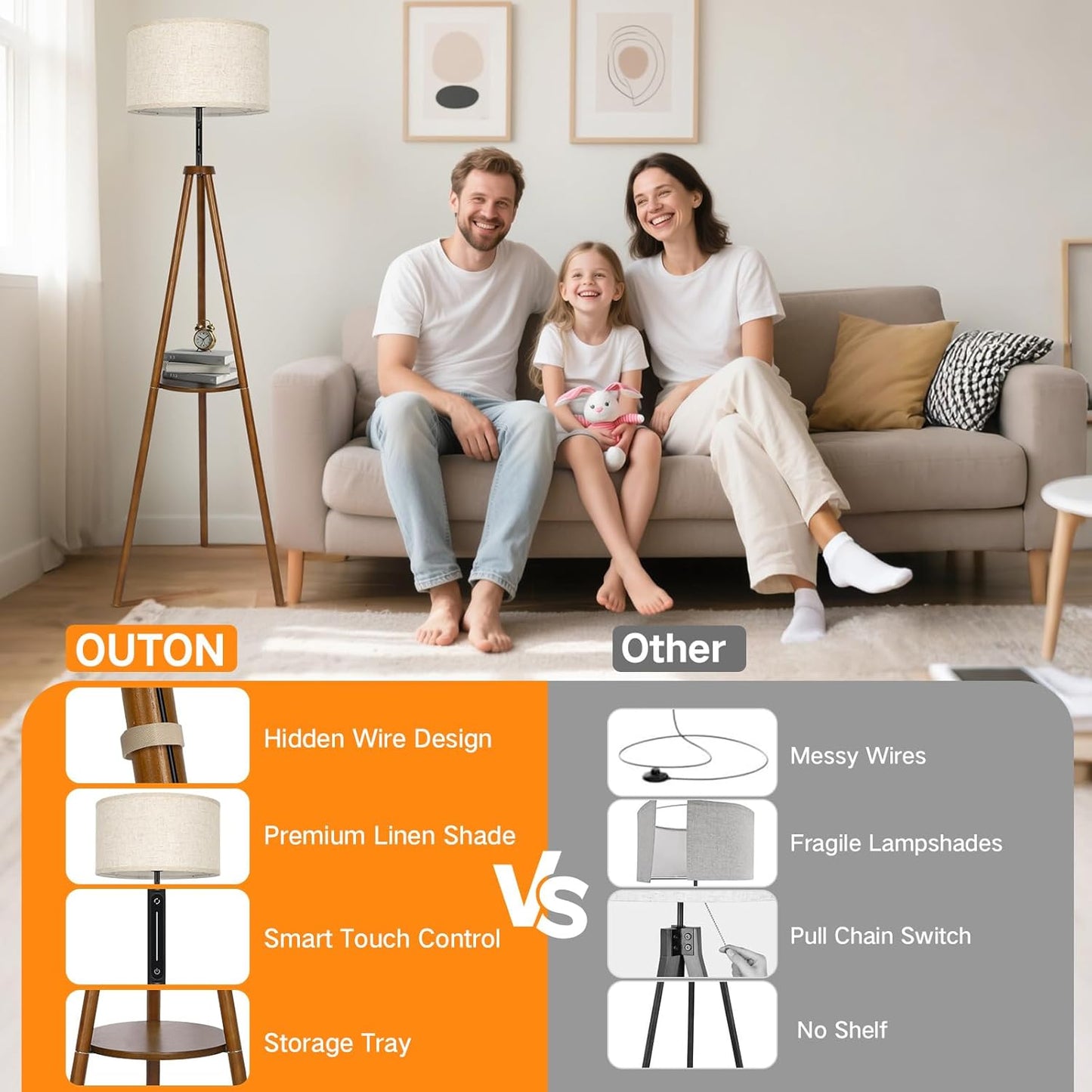 OUTON Wood Tripod Floor Lamp with Shelves, Mid Century LED Modern Dimmable Floor Lamp with Remote & Touch Control, Sturdy Tall Standing Lamp for Living Room, Bedroom, Office, Walnut