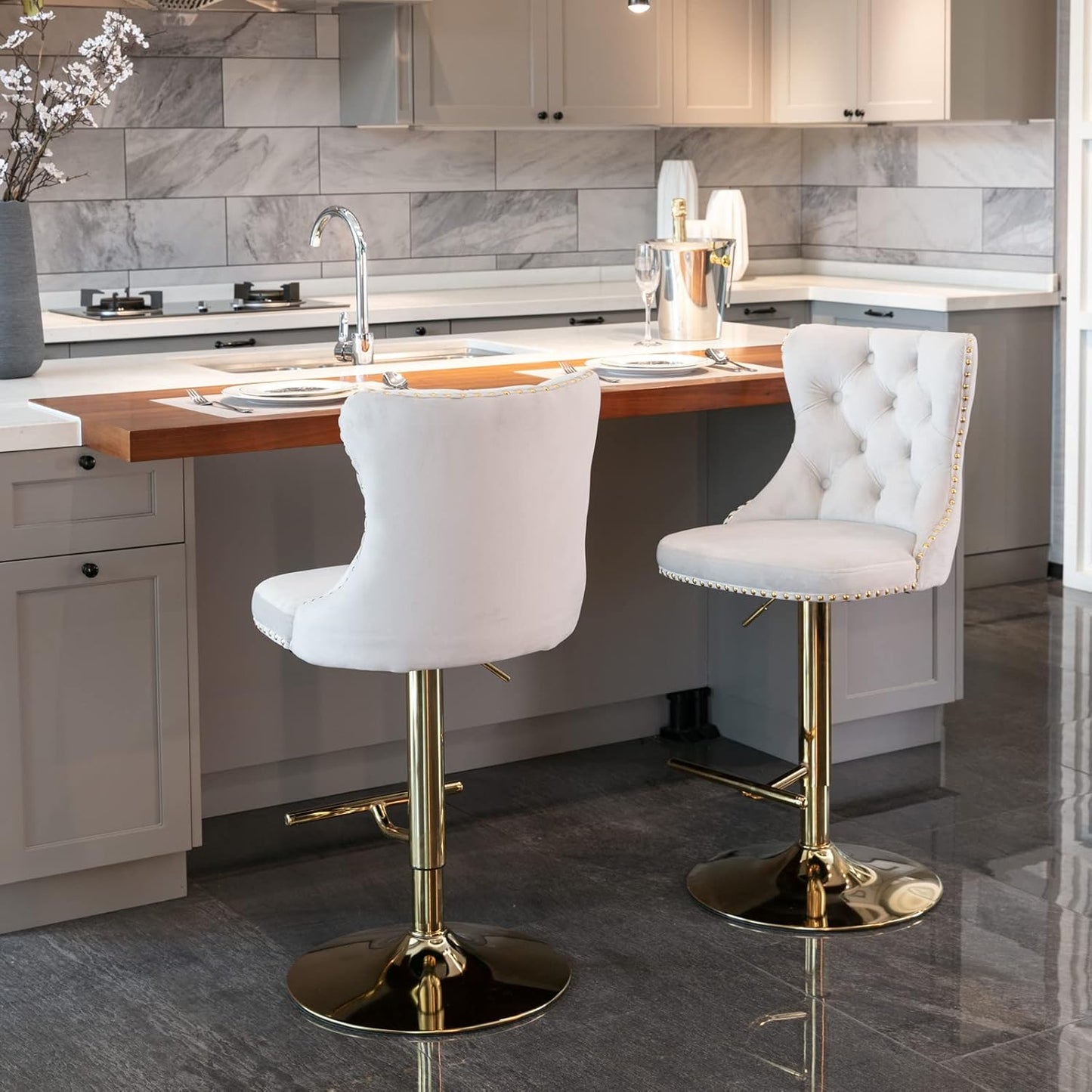 PacknWood Acosure Golden Swivel Velvet Barstools Adjusatble Seat Height from 25-33" with Comfortable Tufted,Modern Upholstered Chrome Base Bar Chairs,for Home Pub Kitchen,Beige,Set of 2