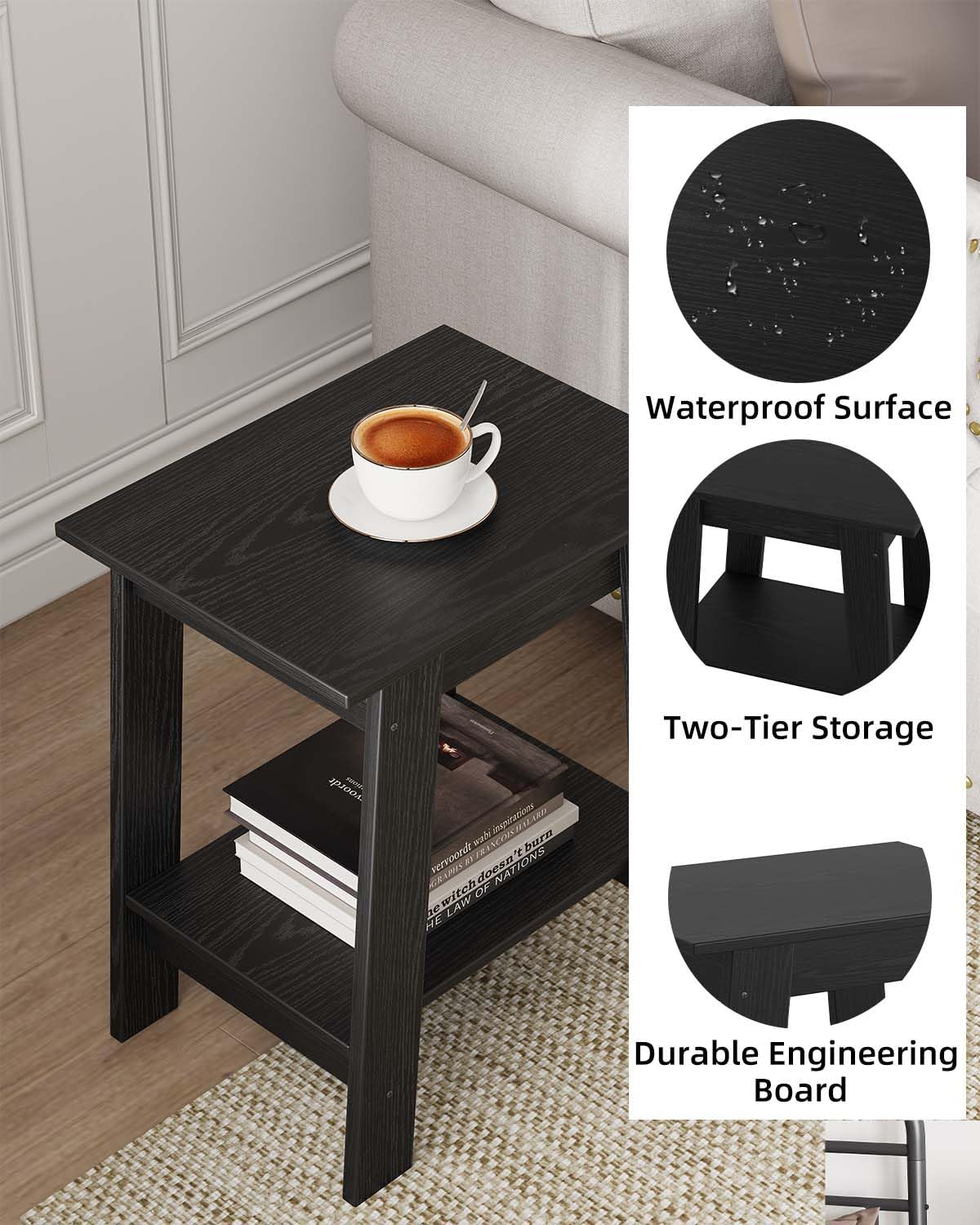 Garvee End Table, Side Table with 2-Tier Storage Shelf, Sofa Table for Small Space, Square Nightstand for Entryway, Farmhouse, Living Room, Easy Assembly, Black