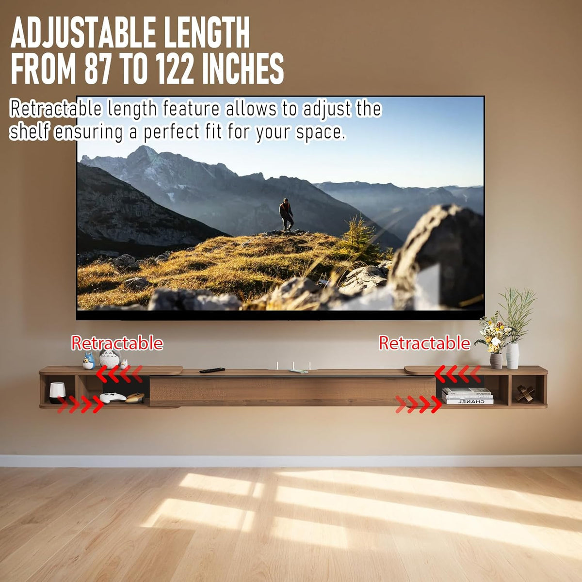 Pmnianhua Retractable Length Floating TV Stand,Minimalist Floating TV Shelf,Wall Mounted TV Console,Adjustable 87'' to 122'' Floating Entertainment Center with Storage for Bedroom Living Room(Walnut)