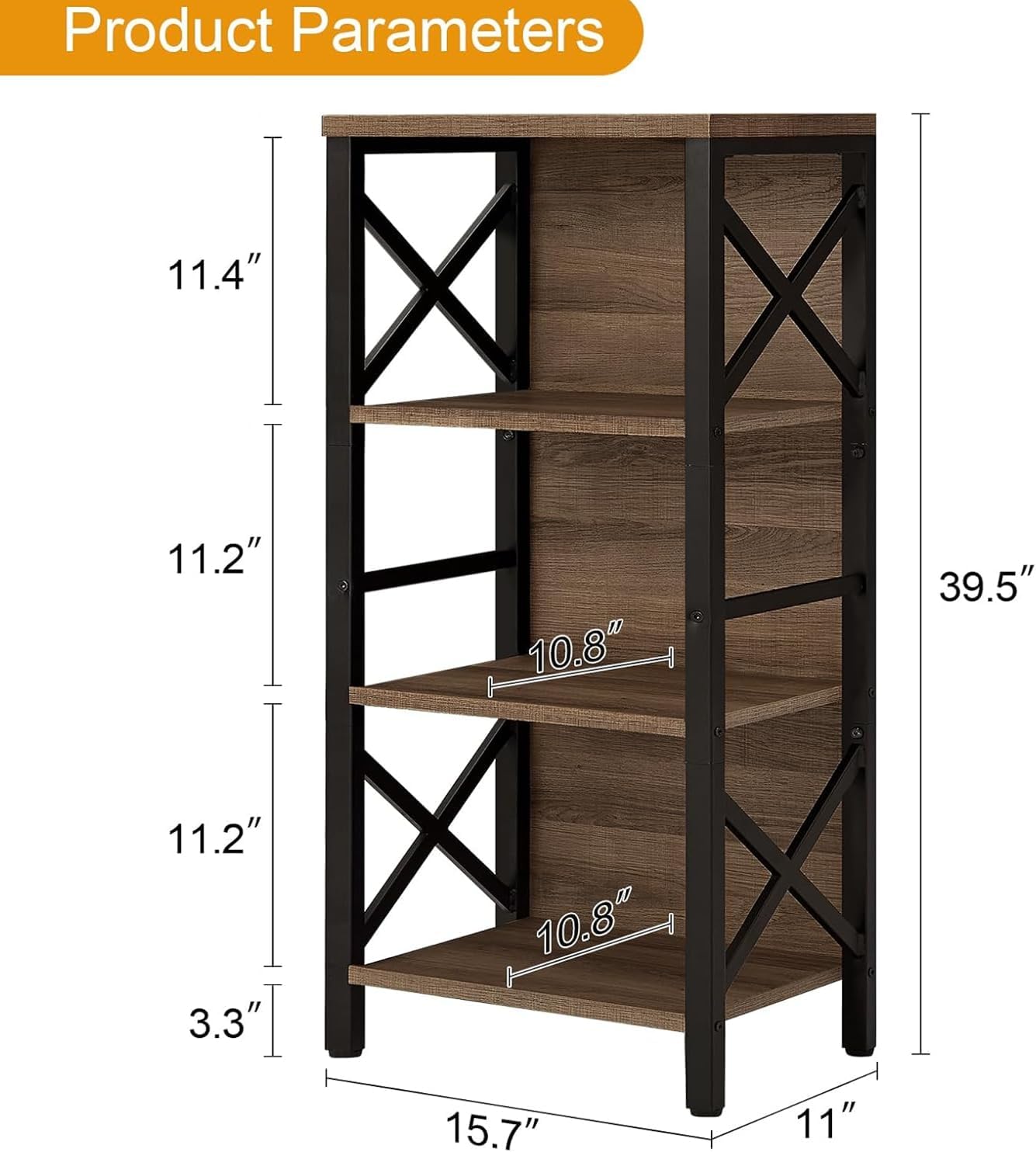 Small Bookshelf,4 Tier Industrial Bookcase with Metal Frame and Backboard,Narrow Rustic Brown Book Shelf,Book case for Small Spaces,Living Room,Bedroom and Home Office