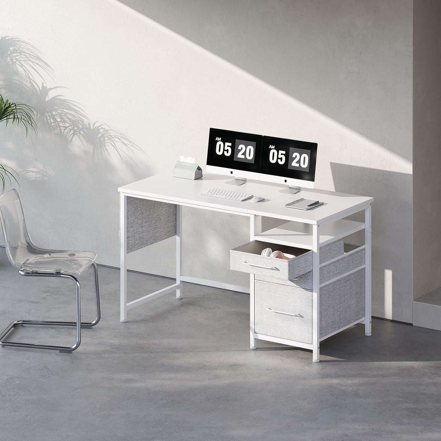 Ｍａｉｈａｉｌ Maihail Small Desk with Drawers, 47 inch Computer Desk with Shelves, Writing Desk with Storage, Small Office Desk with Metal Frame, White