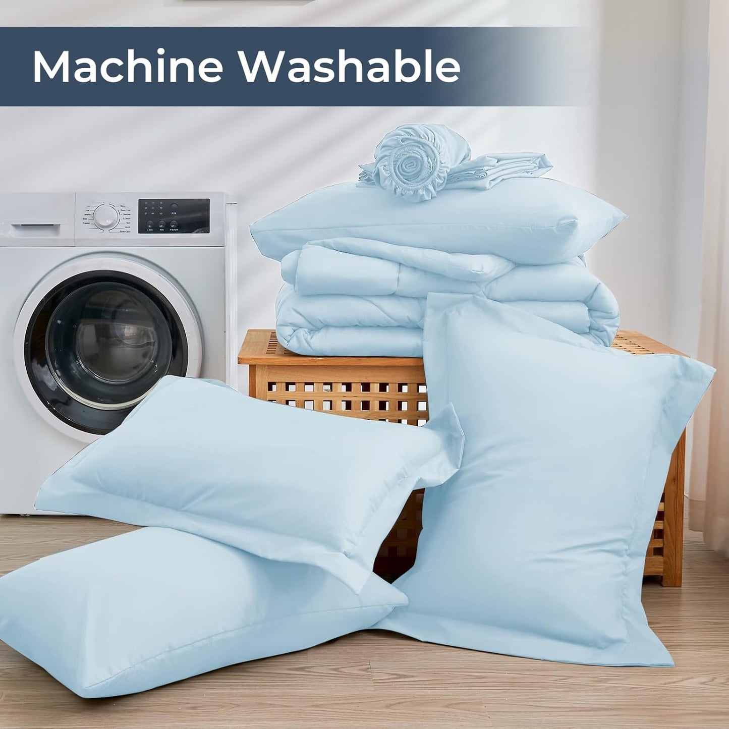 HEVUMYI King Comforter Set - 7-Piece All Season Bed in a Bag King, Ultra Soft Bedding Set with Comforter, Flat Sheet, Fitted Sheet, Pillowcases, Pillow Shams, Greyish Blue