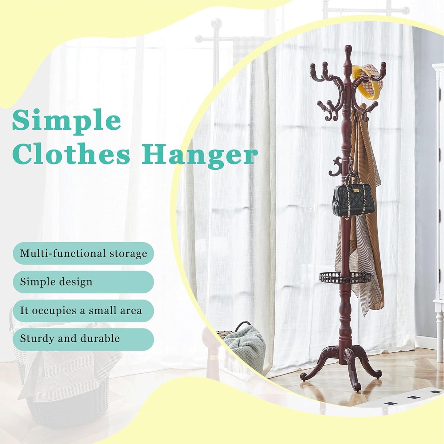 Solid Wood Coat Rack Freestanding, 77" Adjustable Hall Tree Hanger With Hooks, Coat Hanger Stand for Hanging Clothes Bags Hats in Living Room Bedroom