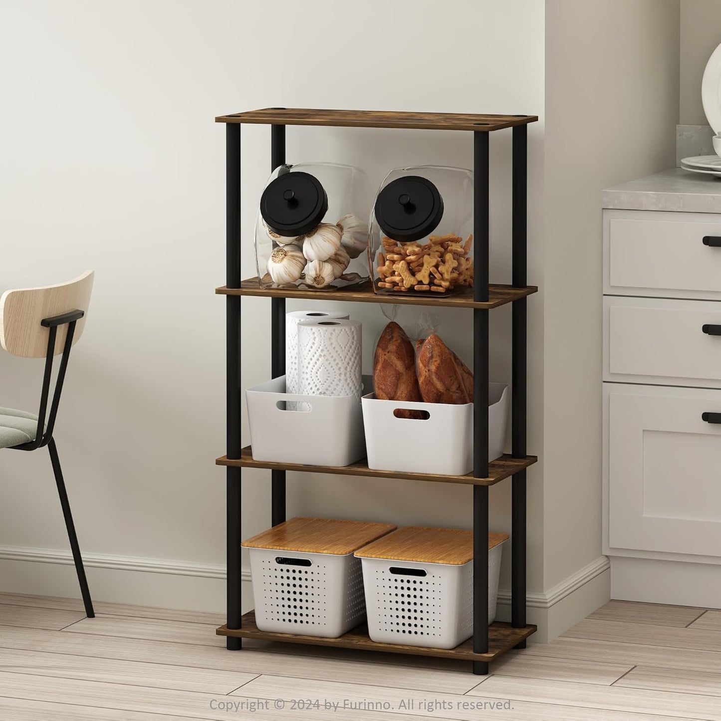 Furinno Turn-N-Tube 4-Tier Multipurpose Shelf Display Rack, Amber Pine/Black