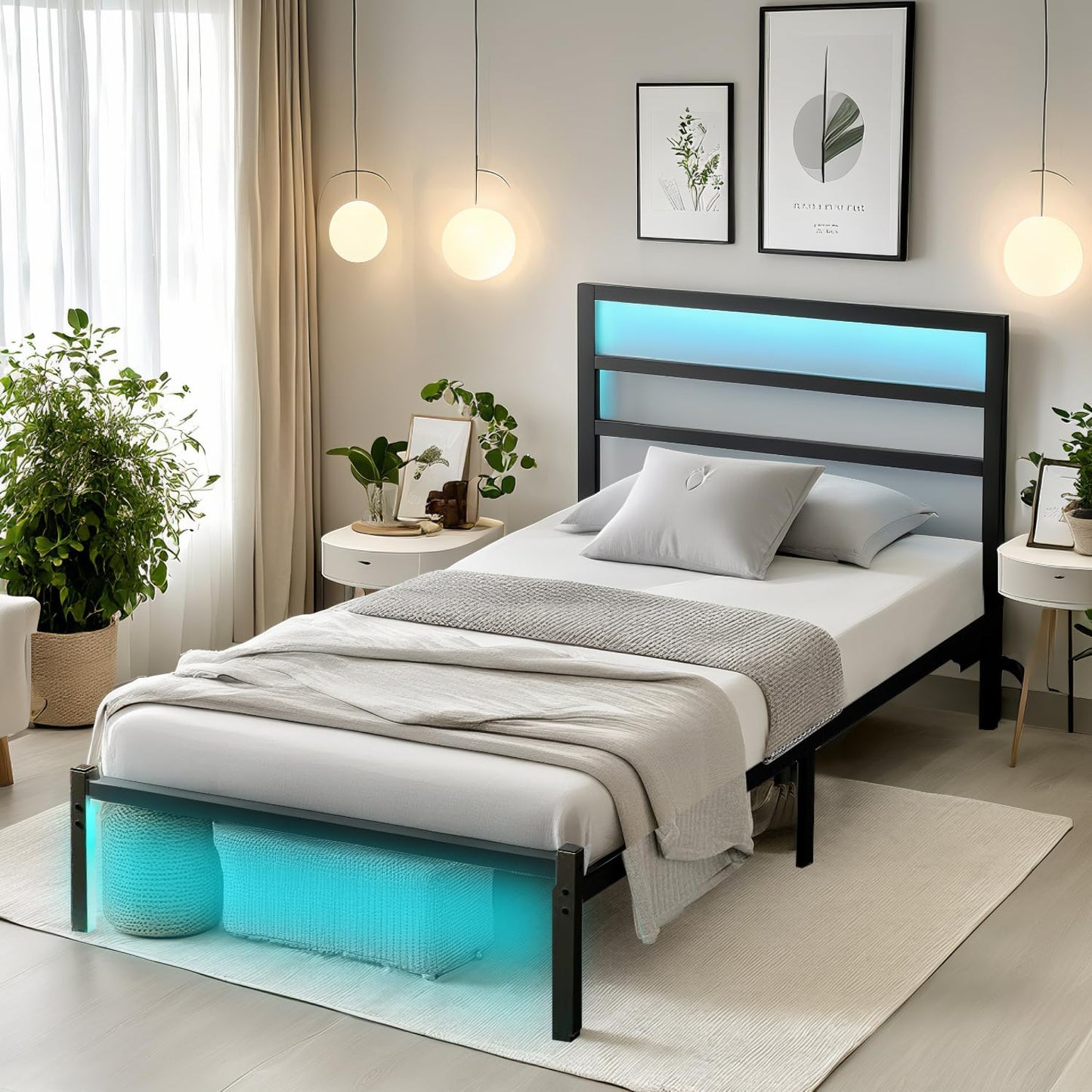 Twin Bed Frame with Headboard,Heavy Duty Steel Slats Support-LED Bed Frame with USB Charging Station,Mattress Foundation-Under Bed Storage,No Box Spring Needed,Noise Free，Black