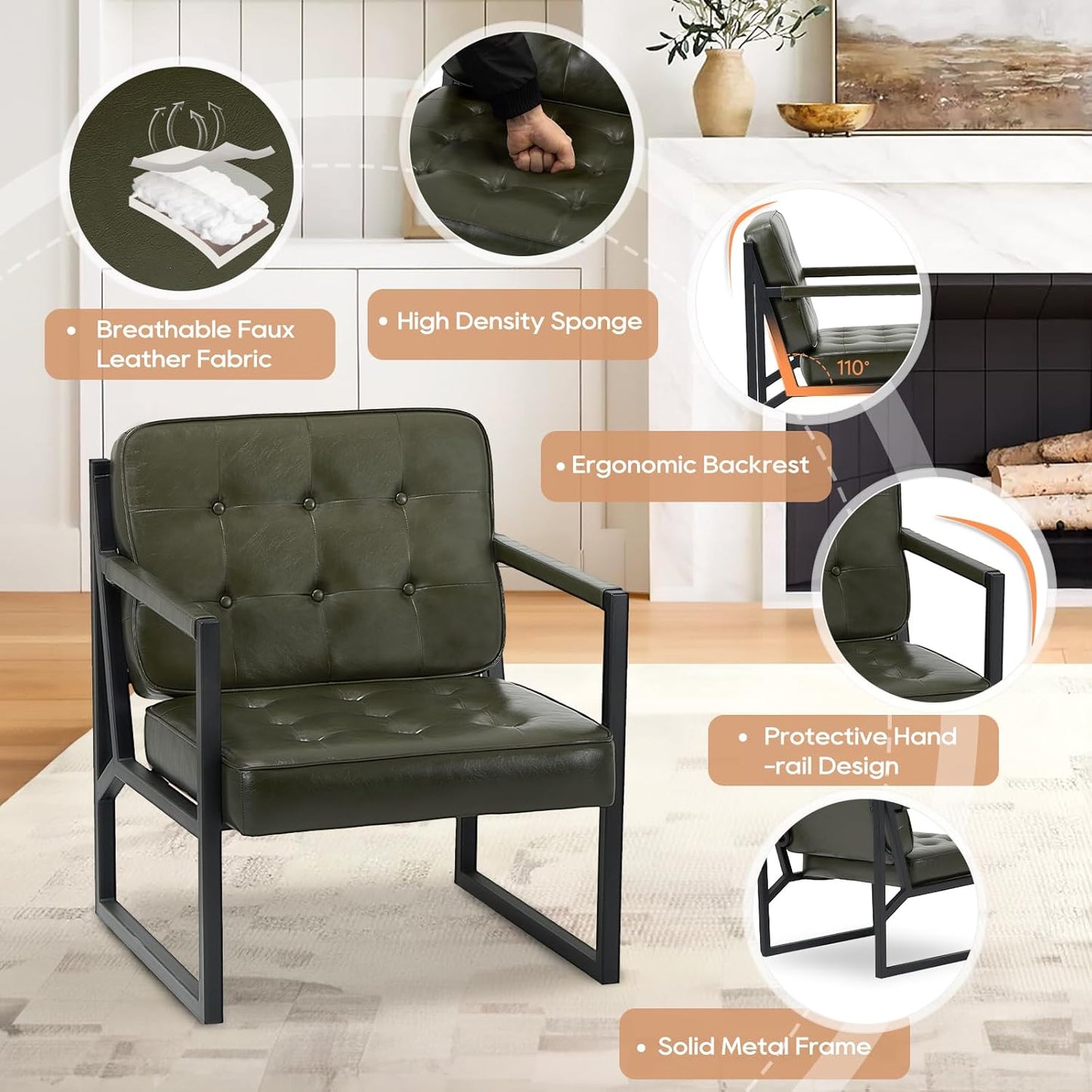 COLAMY Modern Accent Chair, Accent Arm Chair for Living Room, Comfy Leather Armchair with Metal Legs for Bedroom Reception Waiting Room, Green