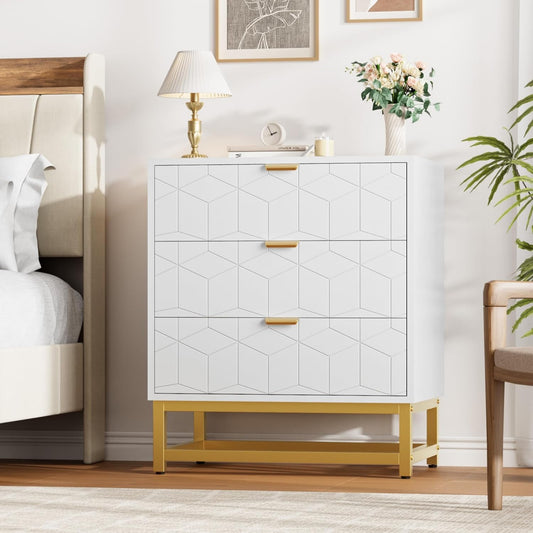 GAOMON 3 Drawer Dresser, Wood Chest Drawers with Storage for Closet, Bedroom, Drawers Dresser Modern Bedside Nightstand with Gold Handles, White