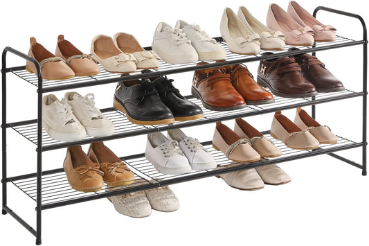 YMYNY Freestanding Shoe Racks, 3 Tiers Stackable & Adjustable Shoe Storage Shelf, Extra Large Capacity Shoe Organizer Stand for 20-24 Pairs, for Entryway, Closet, Bedroom, Black, 42.9" L, UHXJ302B