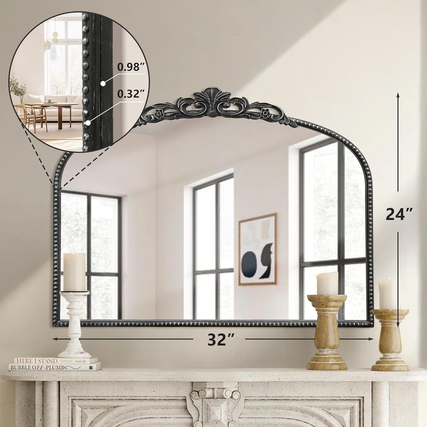 Micasso Black Vintage Wall Mirror: 24"x 32" French Baroque Antique Arched Wall Mounted Mirror - Traditional Ornate Decorative Entryway Mirror for Home Decor/Entryway/Fireplace/Living Room/Hallway
