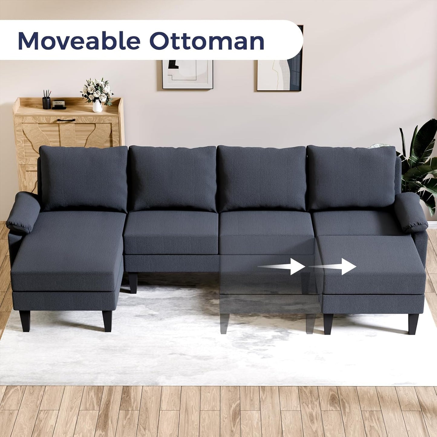 U Shaped Sectional Couch, Convertible Modular Sectional Sofa with Chaise & Ottomans, Modern 6 Seat U Shaped Couches for Living Room Apartment, Blue