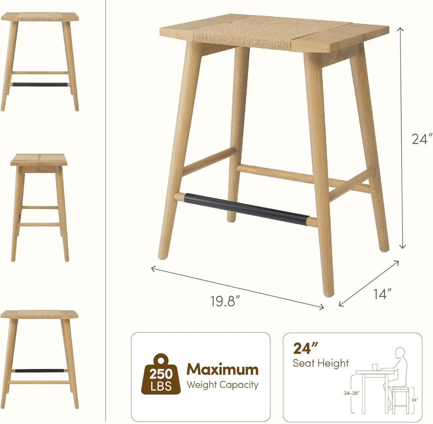 Thor Wicker Counter Height Wooden Counter Stool with Hand-Knitted Rope, K/D, Backless Island 24" Wicker Stool for Kitchen, Light Oak, Solid Wood, Eco-Friendly, Modern Design (Light Oak)