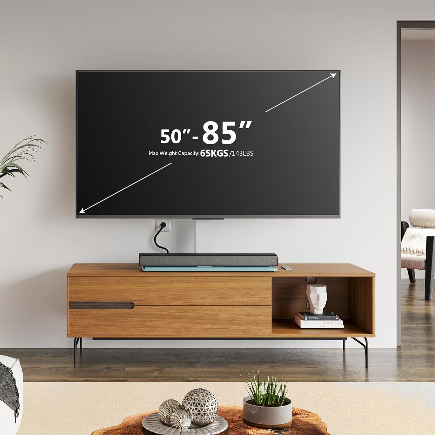 FITUEYES Universal TV Stand with Power Outlets for 50-85 inch TVs, Swivel&Height Adjustable Tall TV Stand for Bedroom Living Room, 27.5''Large Tempered Glass Base Holds up to 143 lbs, Ivory White