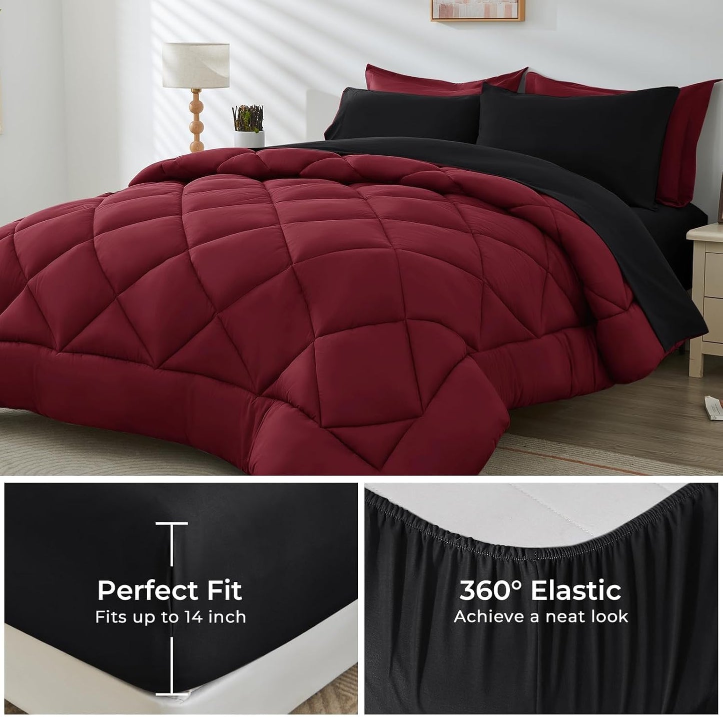 HEVUMYI Red & Black Full Comforter Set - 7-Piece All Season Bed in a Bag Full, Ultra Soft Burgundy Bedding Set with Comforter, Flat Sheet, Fitted Sheet, Pillowcases, Pillow Shams, Burgundy Red & Black