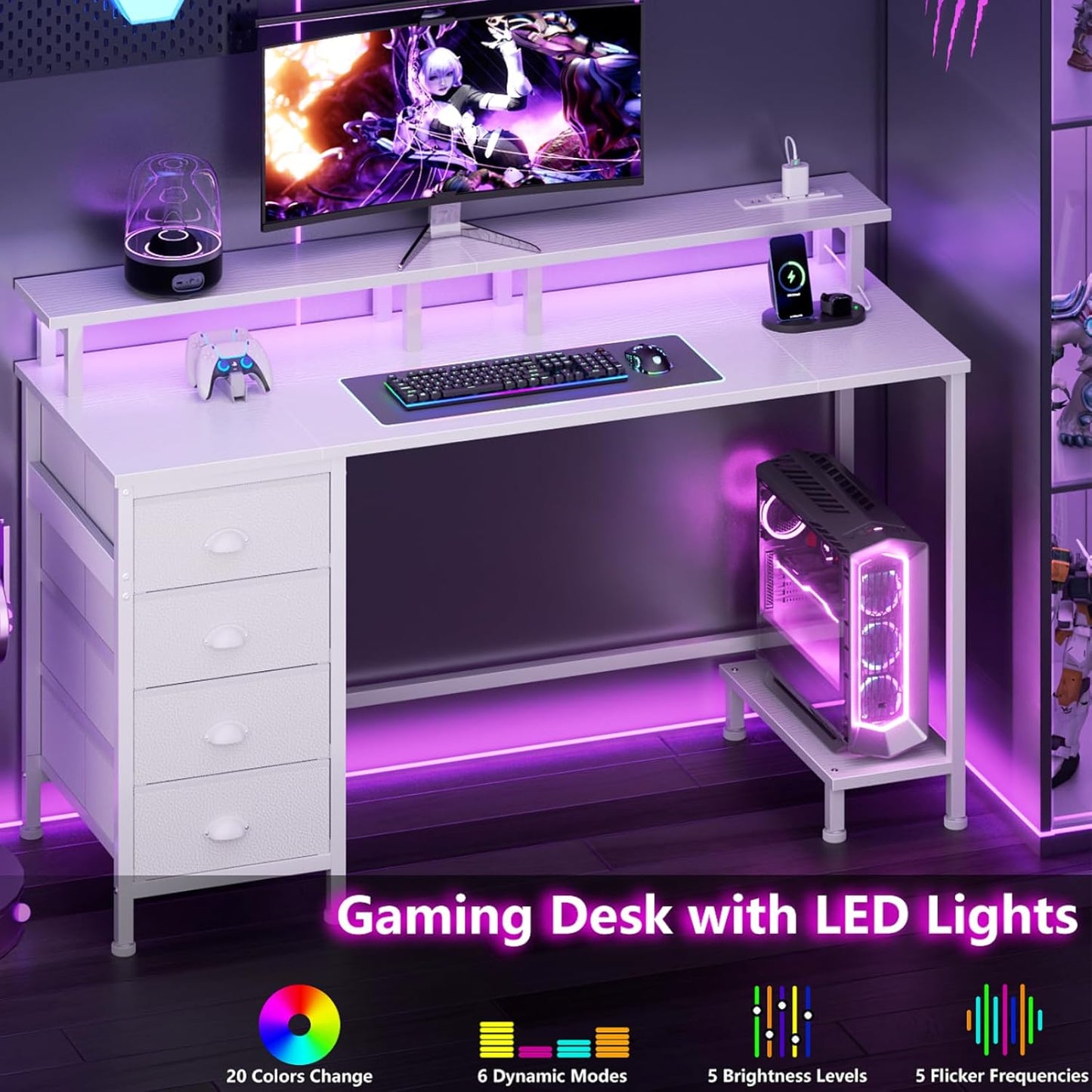 Furologee 55" White Computer Desk with 4 Fabric Drawers & Monitor Stand, Gaming Desk with Power Outlets - LED Lights, Home Office Space-Saving Study Table for Bedroom Small Spaces