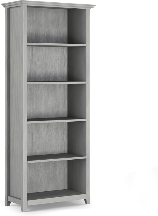 SIMPLIHOME Amherst Bookcase - 70 inch Tall 5-Shelf Solid Wood Bookshelf in Fog Grey, Transitional Storage for Living Room, Study Room or Office with Adjustable Shelves and Tapered Legs