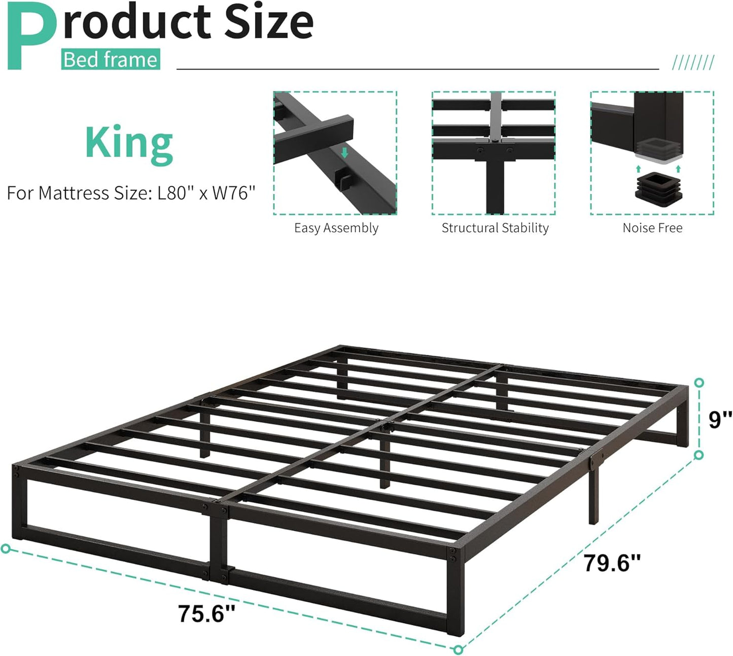 9 Inch King Bed Frame Sturdy Mattress Foundation, Heavy Duty Metal Platform with Steel Slats Support No Box Spring Needed, Noise Free, Easy Assembly, Black