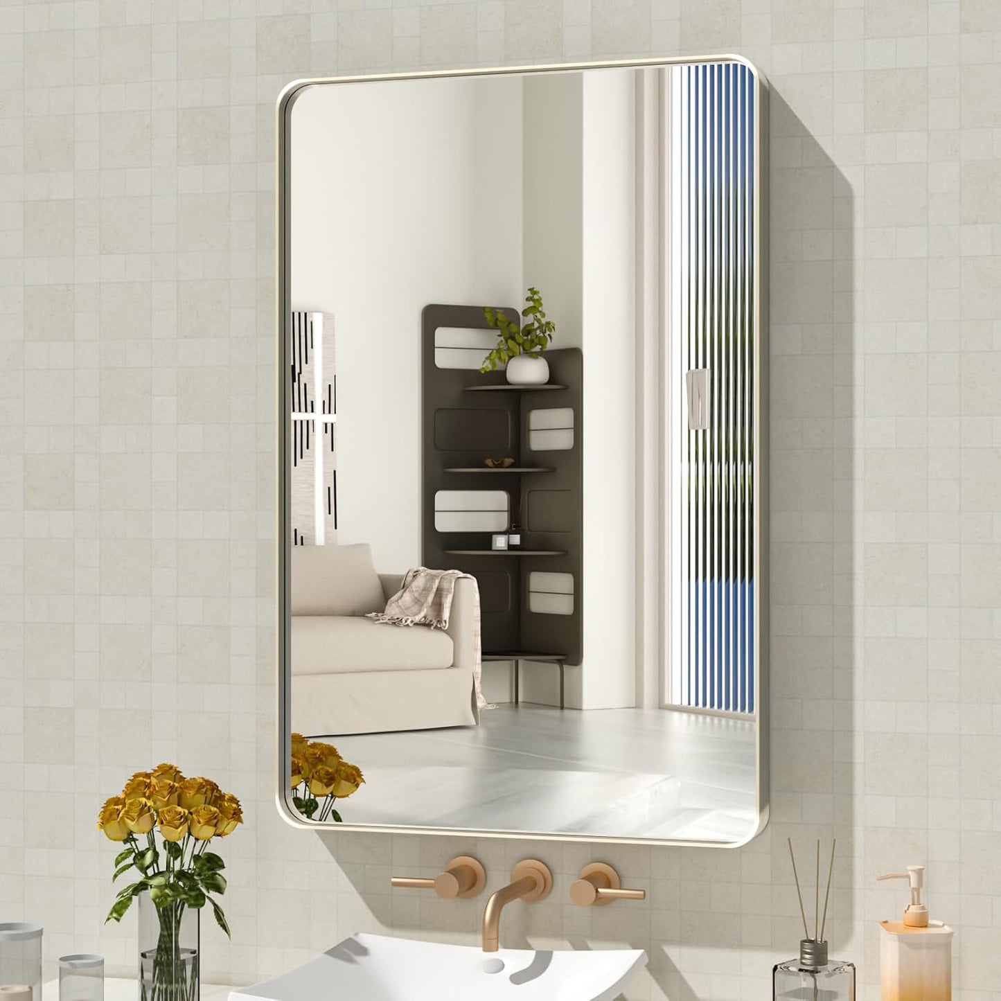 WEER 20X30 Inch Brushed Nickel Bathroom Mirror, Brushed Silver Metal Frame Mirror, Rounded Rectangle Silver Bathroom Vanity Mirror, Tempered Glass, Anti-Rust, Hangs Horizontally or Vertically