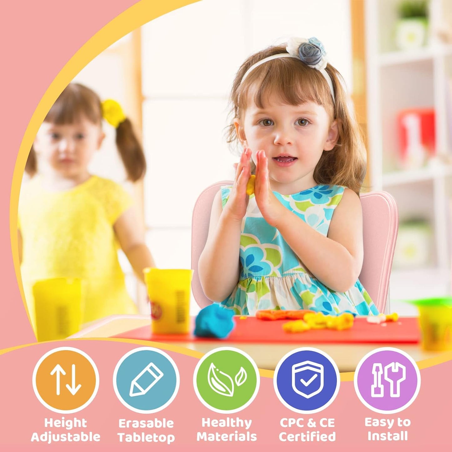 FUNLIO Kids Table and 2 Chairs Set, Height Adjustable Toddler Table and Chair Set for Ages 3-8, Easy to Wipe Arts & Crafts Table, for Classrooms/Daycares/Homes, CPC & CE Approved (3pcs Set) - Pink