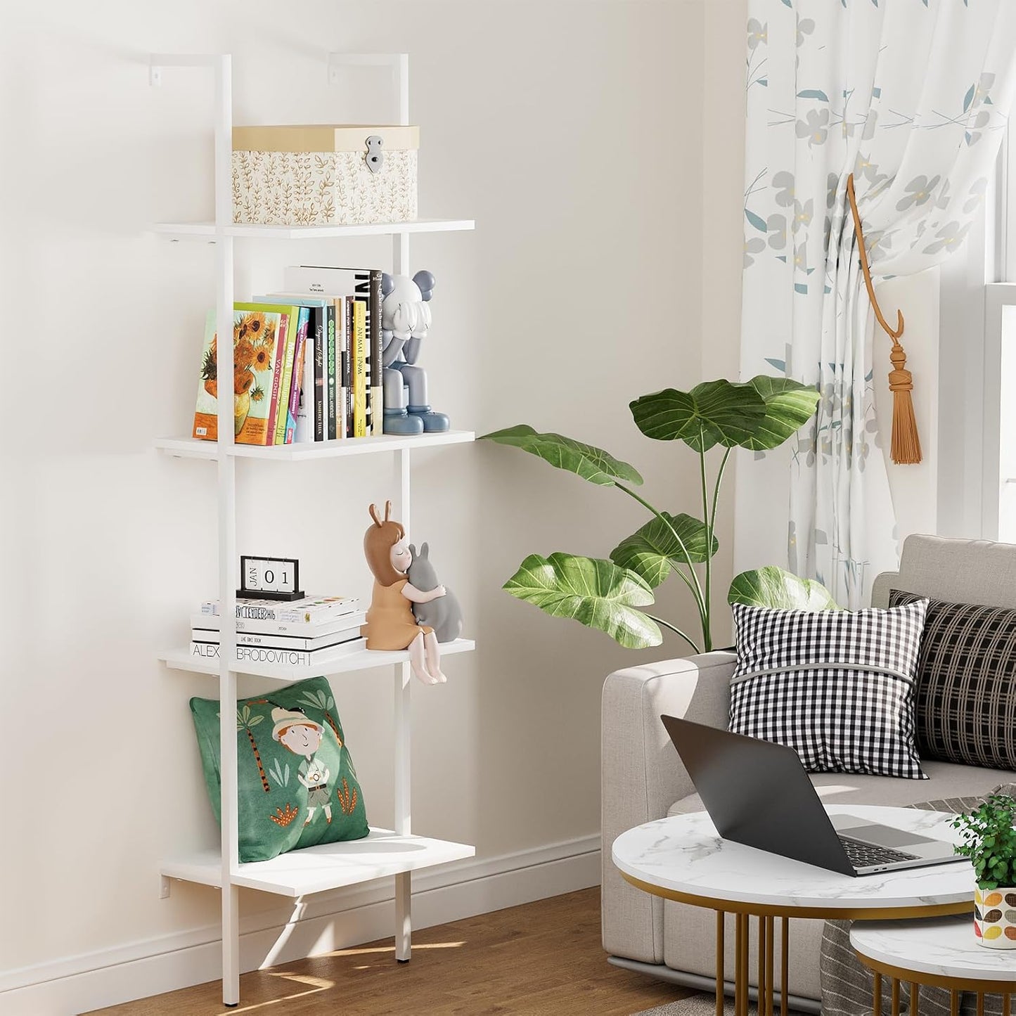 Ladder Shelf 4 Tiers Metal Industrial Bookshelf,White Wooden Tall Open Storage Rack and Display Shelves,Wall Mount Wide Bookcase for Home Office Bedroom,Small