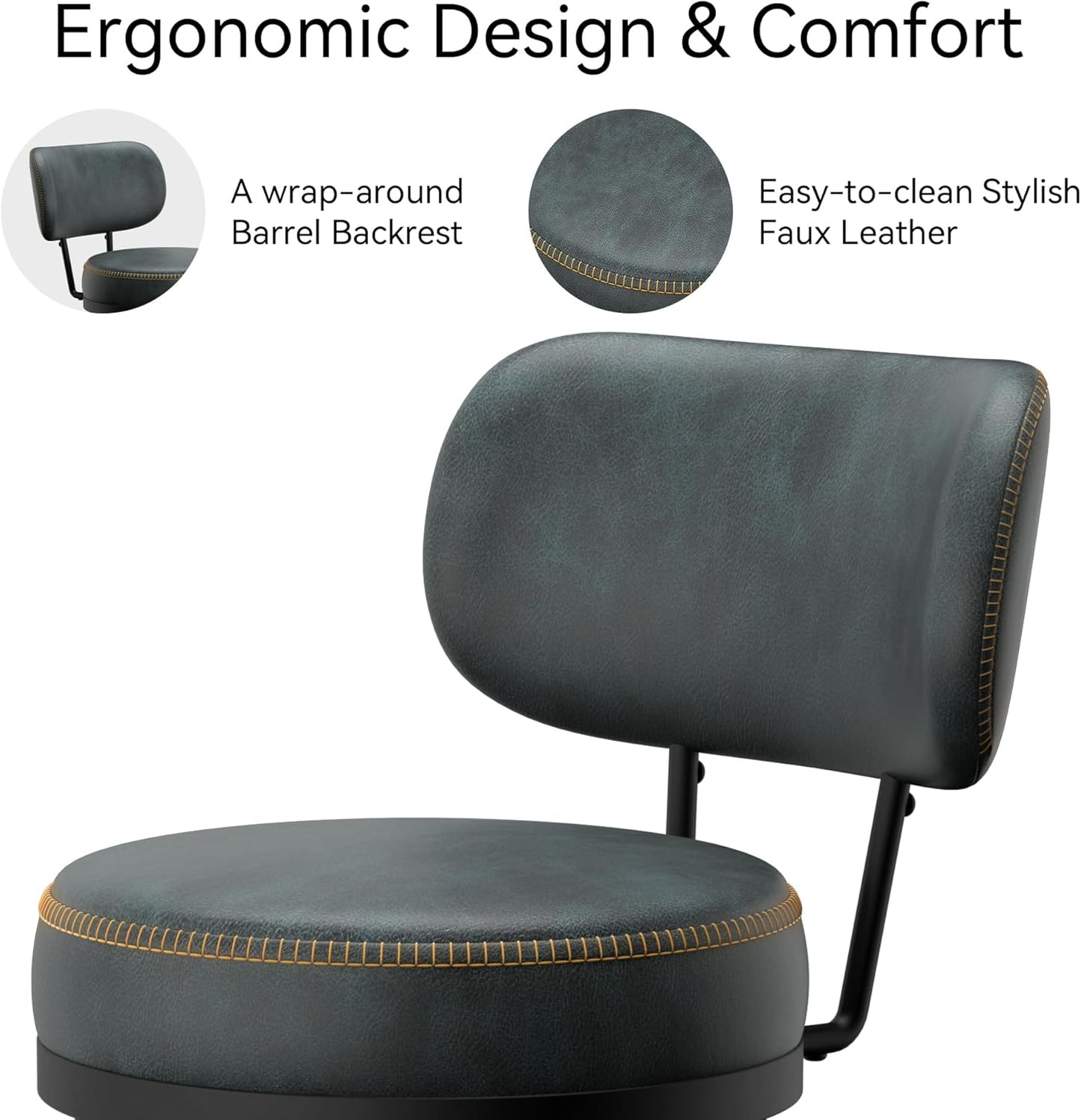 Counter Height Bar Stools, 26" H Swivel Barstools Set of 4, Faux Leather Kitchen Counter Stools with Back and Stylish Stitching, Metal Frame, Pub, Home Bar, Balck Green