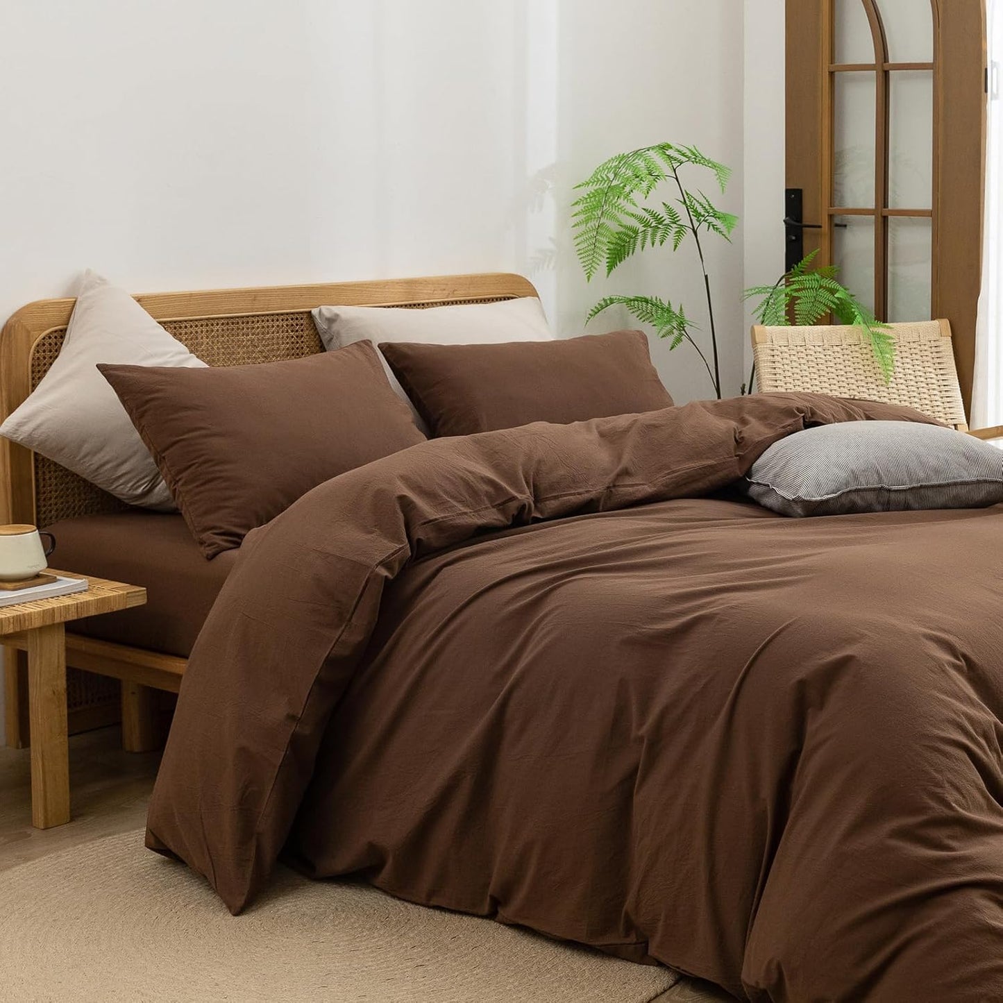 BESTOUCH Duvet Cover Set 100% Washed Cotton Linen Feel Super Soft Comfortable Chic Lightweight 3 PCs Home Bedding Set Solid Cocoa Brown King