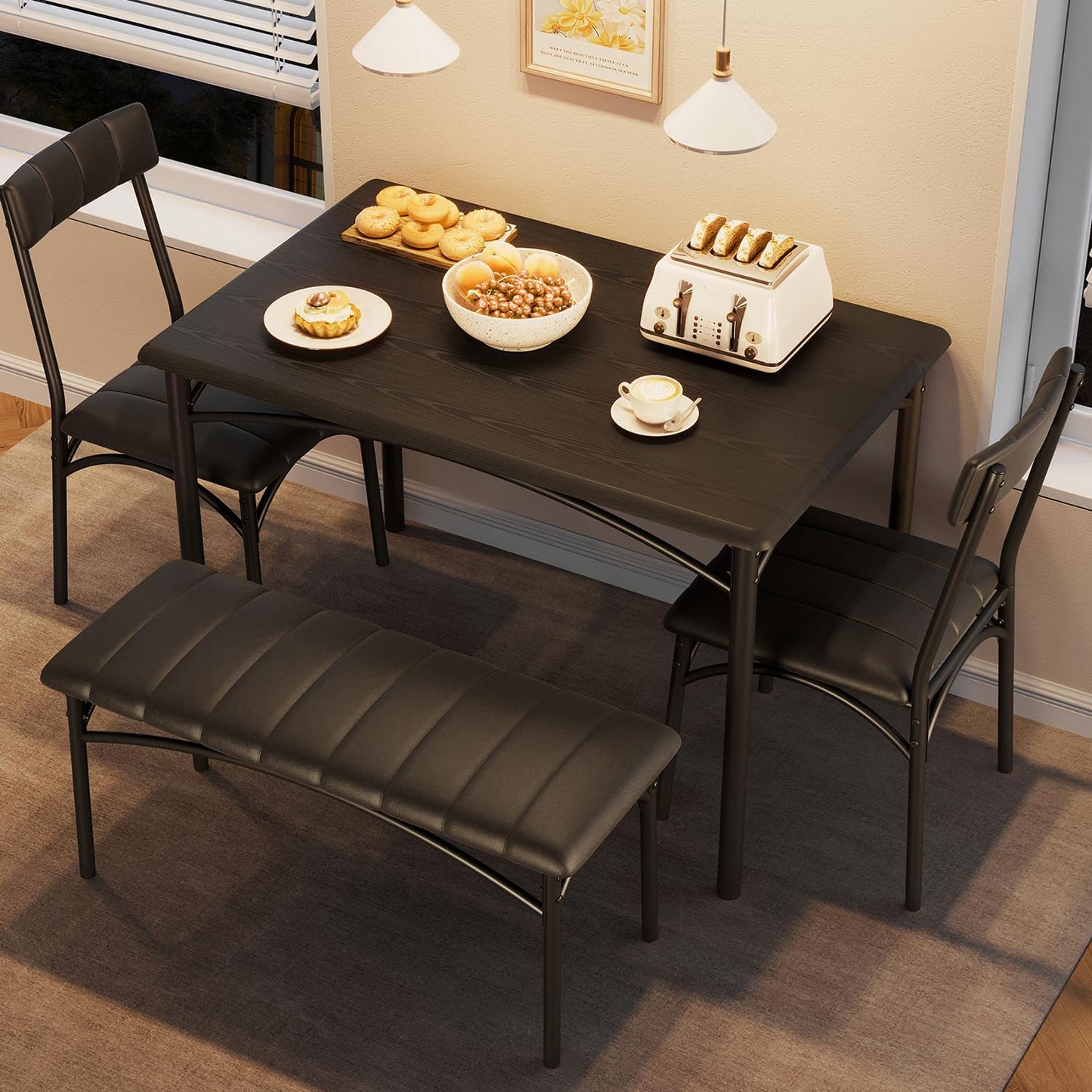 GAOMON Dining Table Set for 4 with Upholstered Bench and 2 Chairs, Rectangular Dining Room Table Set for 4 for Small Space, Apartment, Dinner, Rustic Black