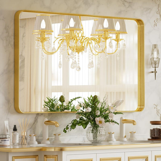 Bathroom Mirror 24x32 inch, Gold Gorgeous Deep Frame Wall Mirror, Modern Round Corner Bathroom Vanity Mirror for Bedroom, Living Room, Hanging or Leaning Horizontal or Vertical, Gold