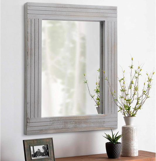 Rustic Mirror Wooden Frame Rectangular Antique Wall Mirror Decor Farmhouse Bedroom Dresser Bedroom Entryway Mirror Large Light Gray 20"x16"