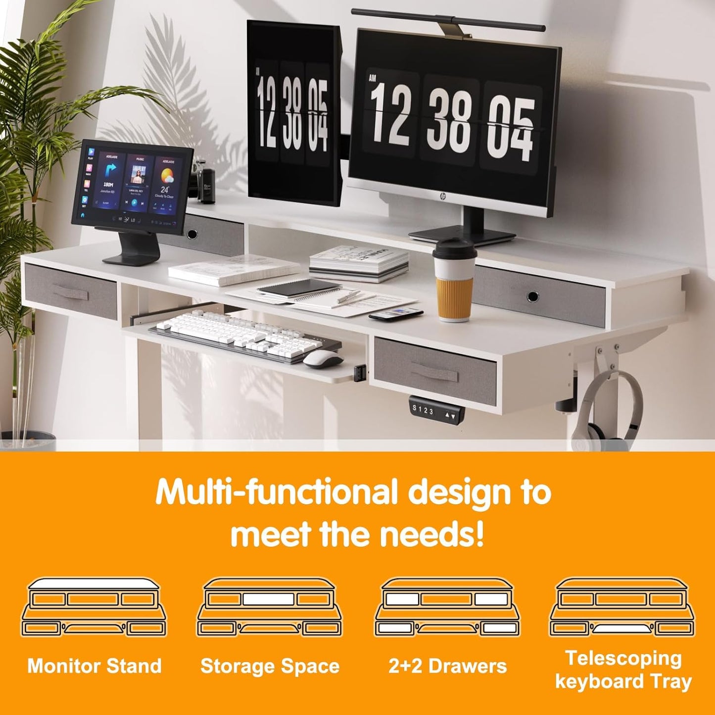 Electric Standing Desk, 55" Standing Desk Adjustable Height, Multifunctional Standing Table with 4 Drawers, Ergonomic Adjustable Standing Desk with Keyboard Tray, Snow White