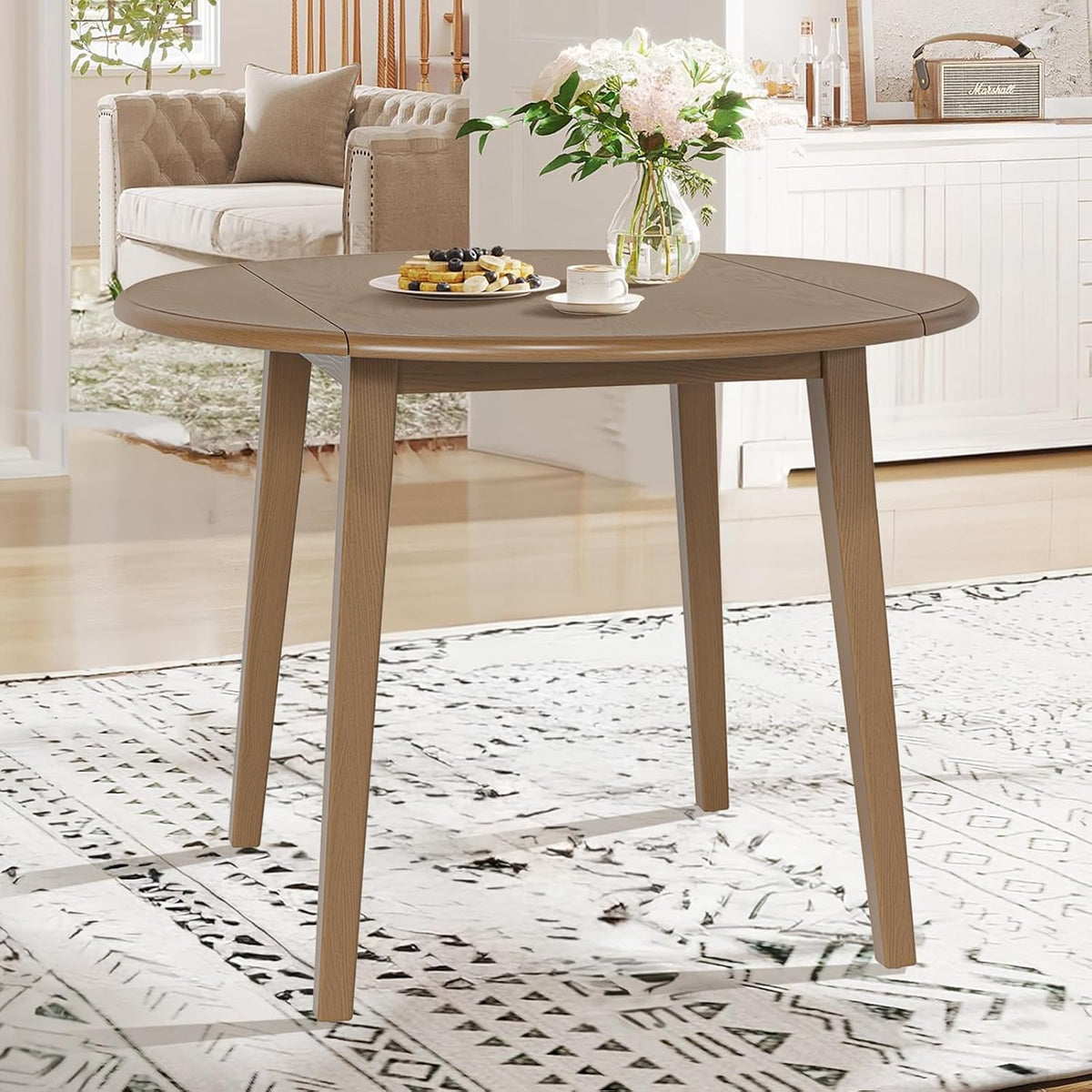 COLAMY 5-Piece Round Dining Table Set for 4, 36" Kitchen Extendable Wood Table with 4 Tufted Dining Room Chairs,Light Brown/Taupe