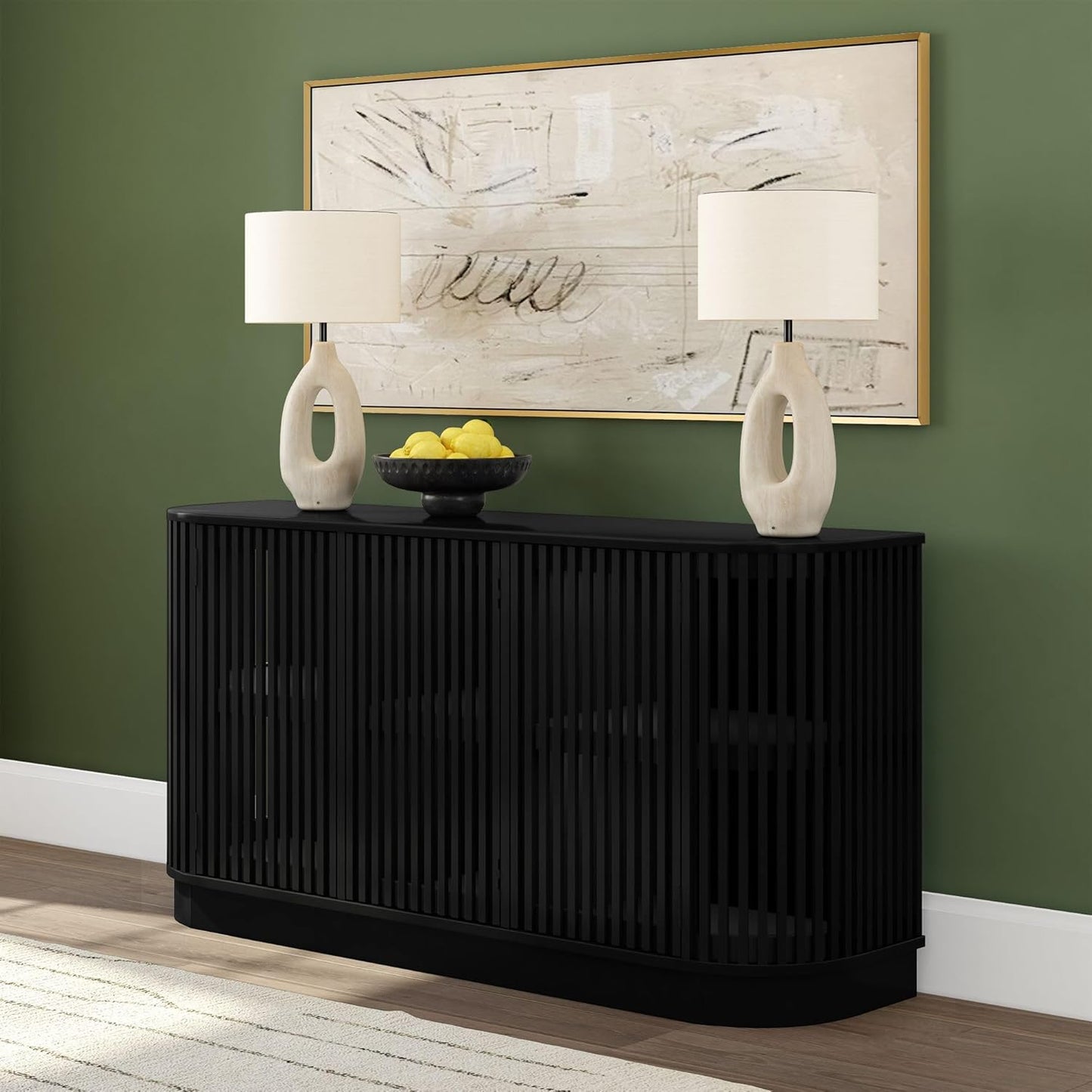 Plank+Beam Contour Wood TV Stand, Three Door Solid Wood Entertainment Console with Storage, 59" L x 16" W x 30" H, Black