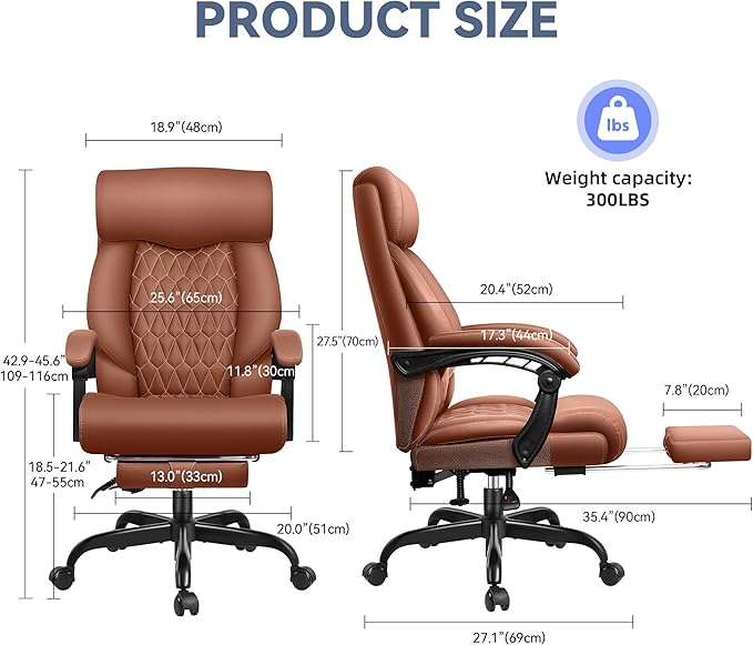 Office Chair, Big and Tall Office Desk Chair, Reclining Office Chair with Footrest Home Office Desk Chairs, High Back Ergonomic with Lumbar Support, Executive Leather