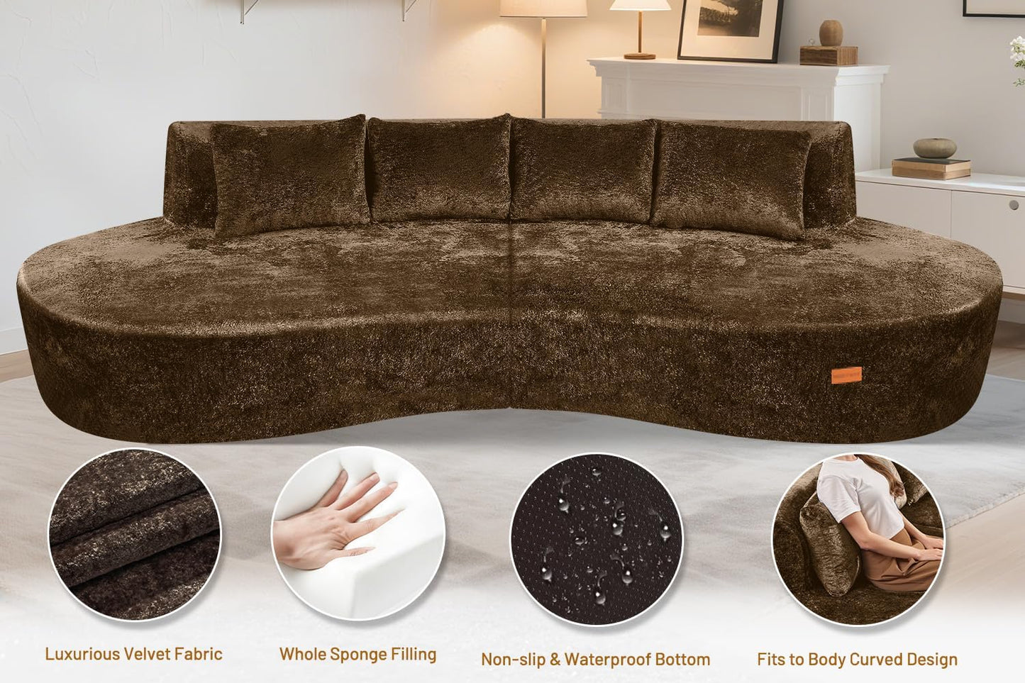 Homguava 104'' Modular Sectional Sofa,Curved Modern Sofa with Memory Foam,Deep Seat Cloud Couch with 4 Pillows,Upholstered Oversized Couches for Living Room Apartment Office,No Assembly Required,Brown