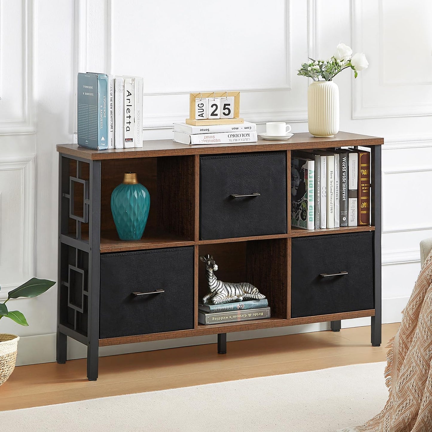 HOMISSUE 6 Cube Storage Organizer Shelf, Rustic Short Bookshelf with 3 Storage Bins, Industrial Horizontal Bookshelf with Metal Frame, Low and Wide Cube Bookcase for Living Room and Office, Brown