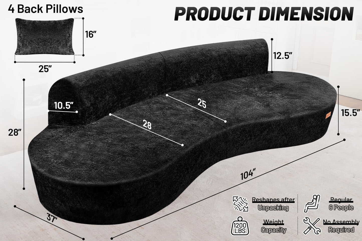 Homguava 104'' Modular Sectional Sofa,Curved Modern Sofa with Memory Foam,Deep Seat Cloud Couch with 4 Pillows,Upholstered Oversized Couches for Living Room Apartment Office,No Assembly Required,Black