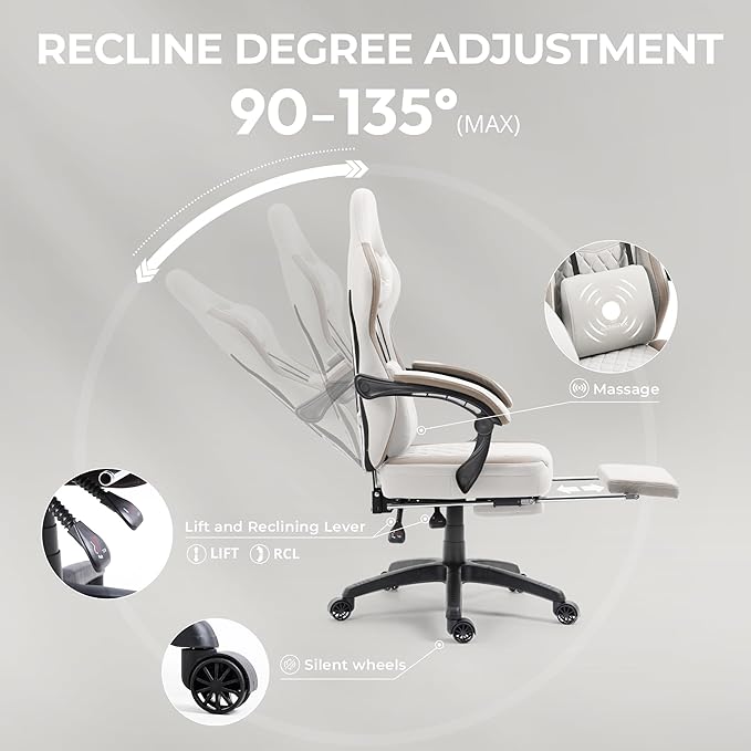 Dowinx Gaming Chair Breathable Fabric Computer Chair with Pocket Spring Cushion, Comfortable Office Chair with Gel Pad and Storage Bag,Massage Game Chair with Footrest,Beige