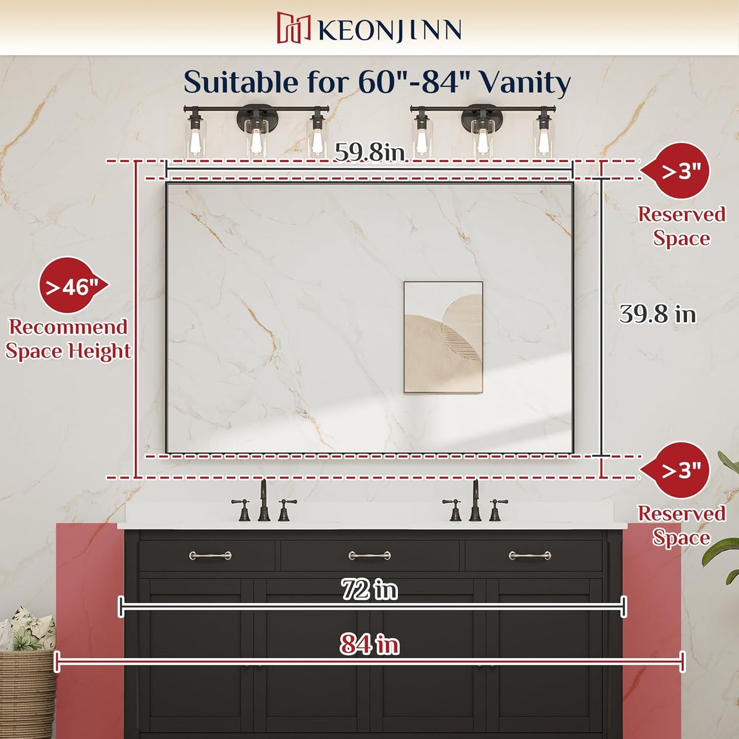 Keonjinn Silver Bathroom Mirror 60” x 40” Large Wall Rectangle Mirror for Bathroom Square Corner Metal Framed Farmhouse Mirror Decorative Rectangular Vanity Mirror for Over Sink(Horizontal/Vertical)