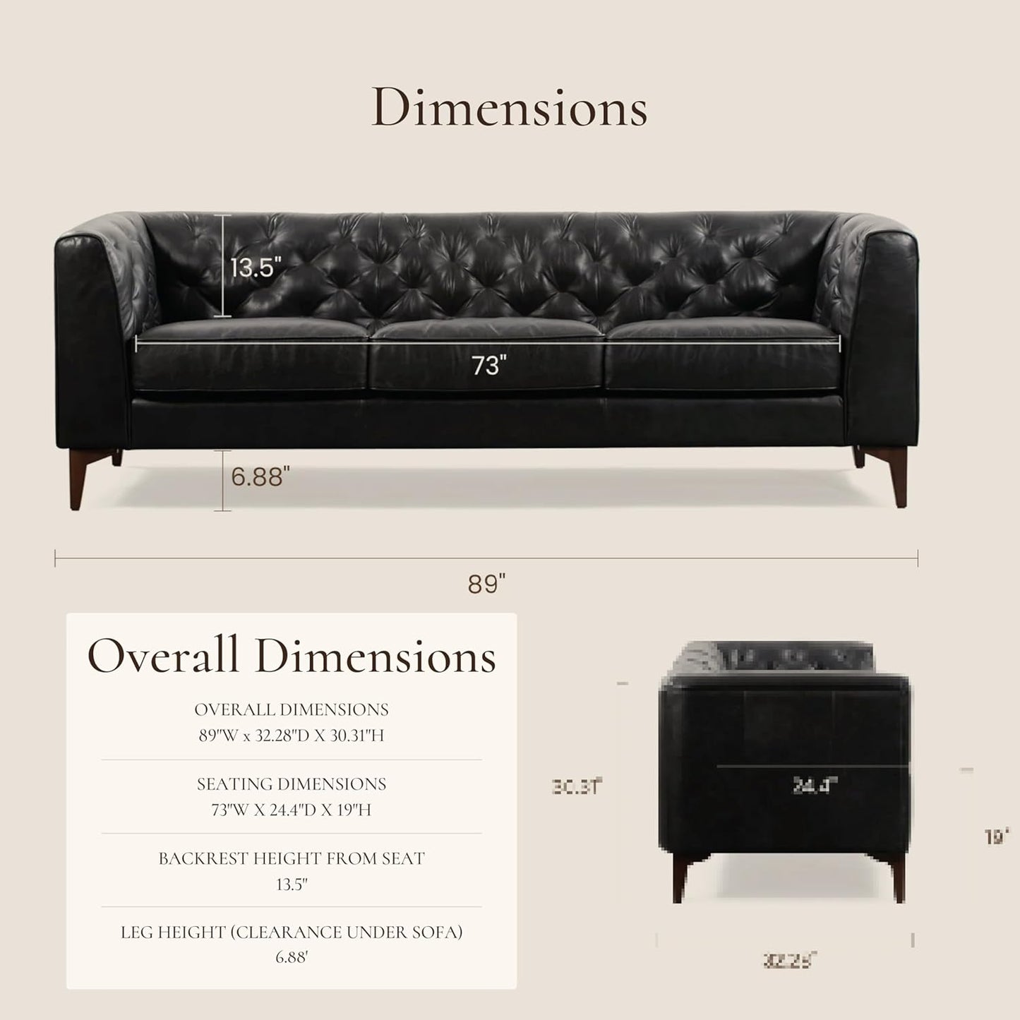 Poly & Bark Essex Leather Couch - 89-Inch Sofa with Tufted Back - Full-Grain Leather Sofa for Living Room with Feather-Down Topper - Living Room Couch - Vintage Italian Leather in Onyx Black