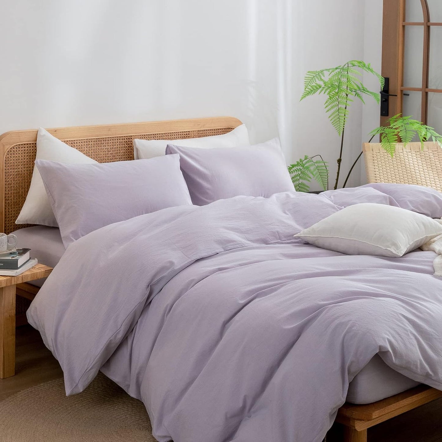 BESTOUCH Duvet Cover Set 100% Washed Cotton Linen Feel Super Soft Comfortable Chic Lightweight 3 PCs Home Bedding Set Solid Taro Purple Cal King