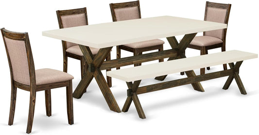 East West Furniture X727MZ716-6 6 Piece Dinette Set Contains a Rectangle Dining Table with X-Legs and 4 Dark Khaki Linen Fabric Parson Chairs with a Bench, 40x72 Inch, Multi-Color