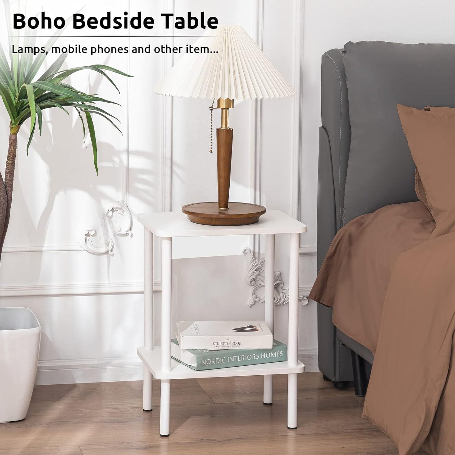 Apicizon 2 Tier End Table Set of 2, Small Side Table with Solid Wood Legs, Boho Bedside Table with Storage Shelf, Nightstand for Small Spaces, Bedroom, Living Room, Entryway, Easy Assembly, White