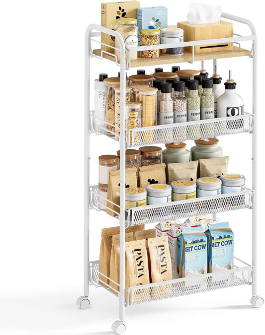 KINGRACK Metal Wide Rolling Cart, 4-Tier Metal Utility Cart, Storage Cart with Wooden Tabletop, for Laundry Bathroom Kitchen Room Bedroom Apartments Dormitory (Pure White, Wide)