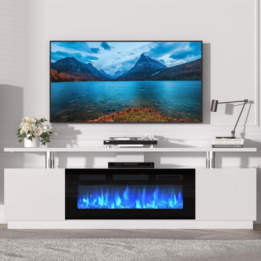 GarveeHome 70 Inch Fireplace TV Stand with 36 Inch Electric Fireplace, 12 Colors LED Lights, 750W/1500W for Max 80 Inch TV, 2 Tier Storage 2 Door Cabinet
