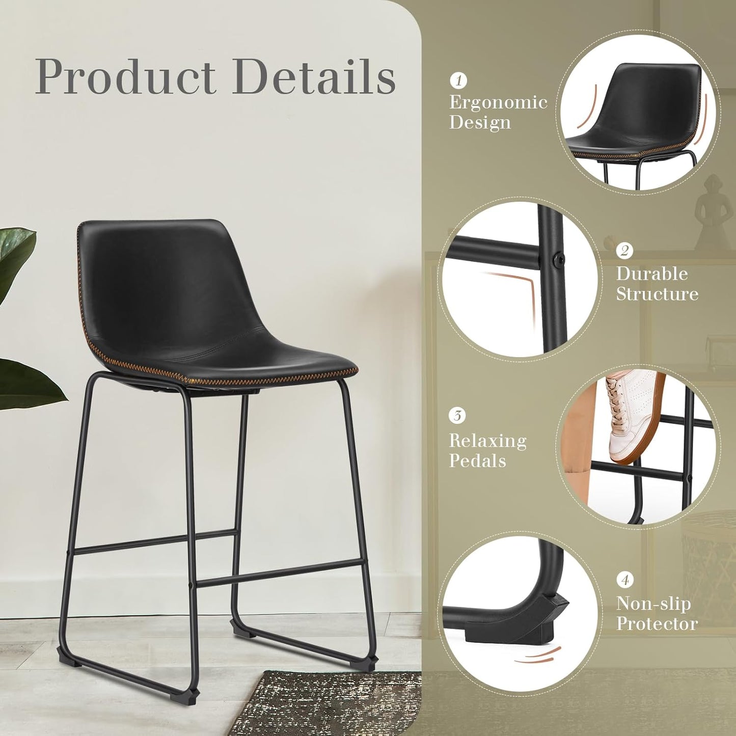DUMOS 26 Inch Counter Height Bar Stools Set of 4, Modern Faux Leather High Barstools with Back and Metal Leg, Bar Chairs for Kitchen lsland, Black