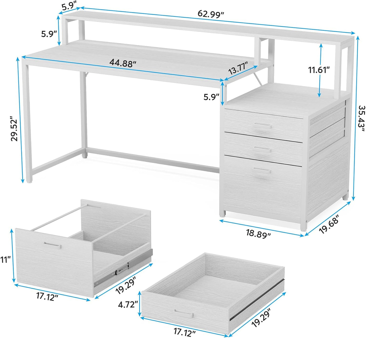 Tribesigns 63 Inch Computer Desk with File Drawer Cabinet, Ergonomic Office Desk with Monitor Stand, Computer Table with Printer Space, Wood PC Table Workstation Desk for Home Office, White