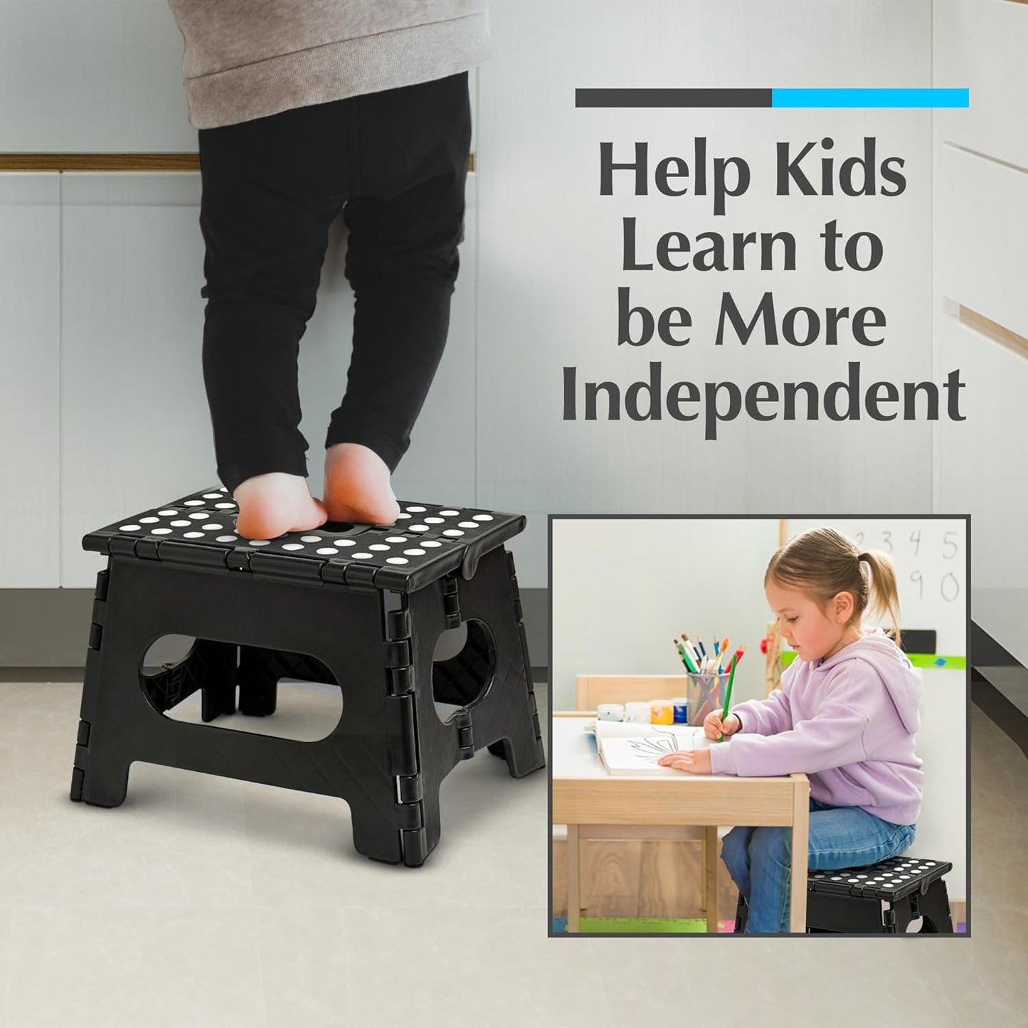 Handy Laundry Folding Step Stool - Sturdy Enough Collapsible Stool to Support Adults and Safe Enough for Kids - Opens Easy with One Flip - Great for Kitchen, Bathroom or Bedroom (Black - 9 Inch)
