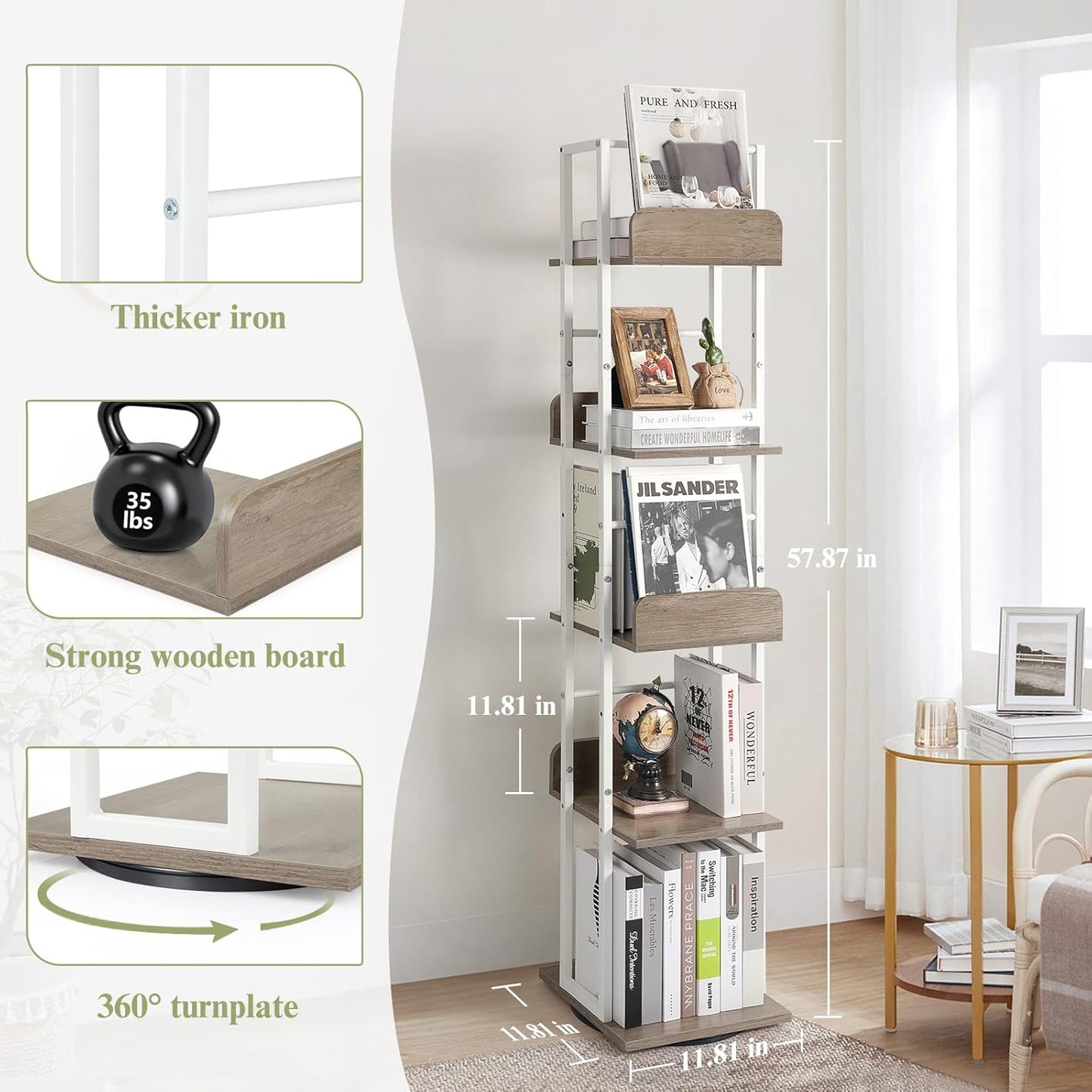 Bikoney Bookshelves 5-Tier, Rotating Bookshelf Tower for Corner, Small Narrow Bookcase, Tall Industrial Bookshelf, Wood and Metal White